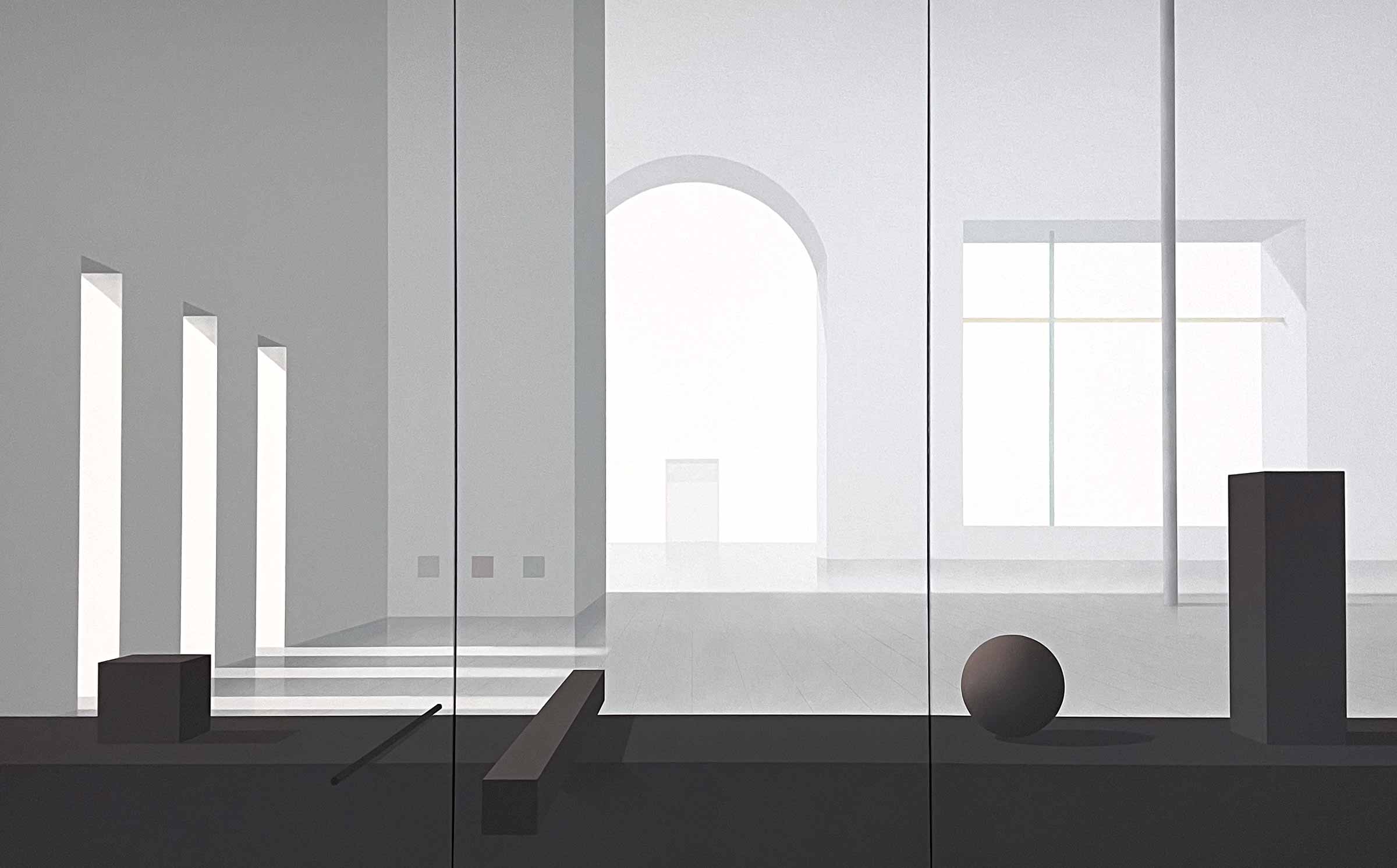 Acryl-Gemälde eines leeren Raumes mit einfallendem Licht aus Fenstern im hinteren Bereich