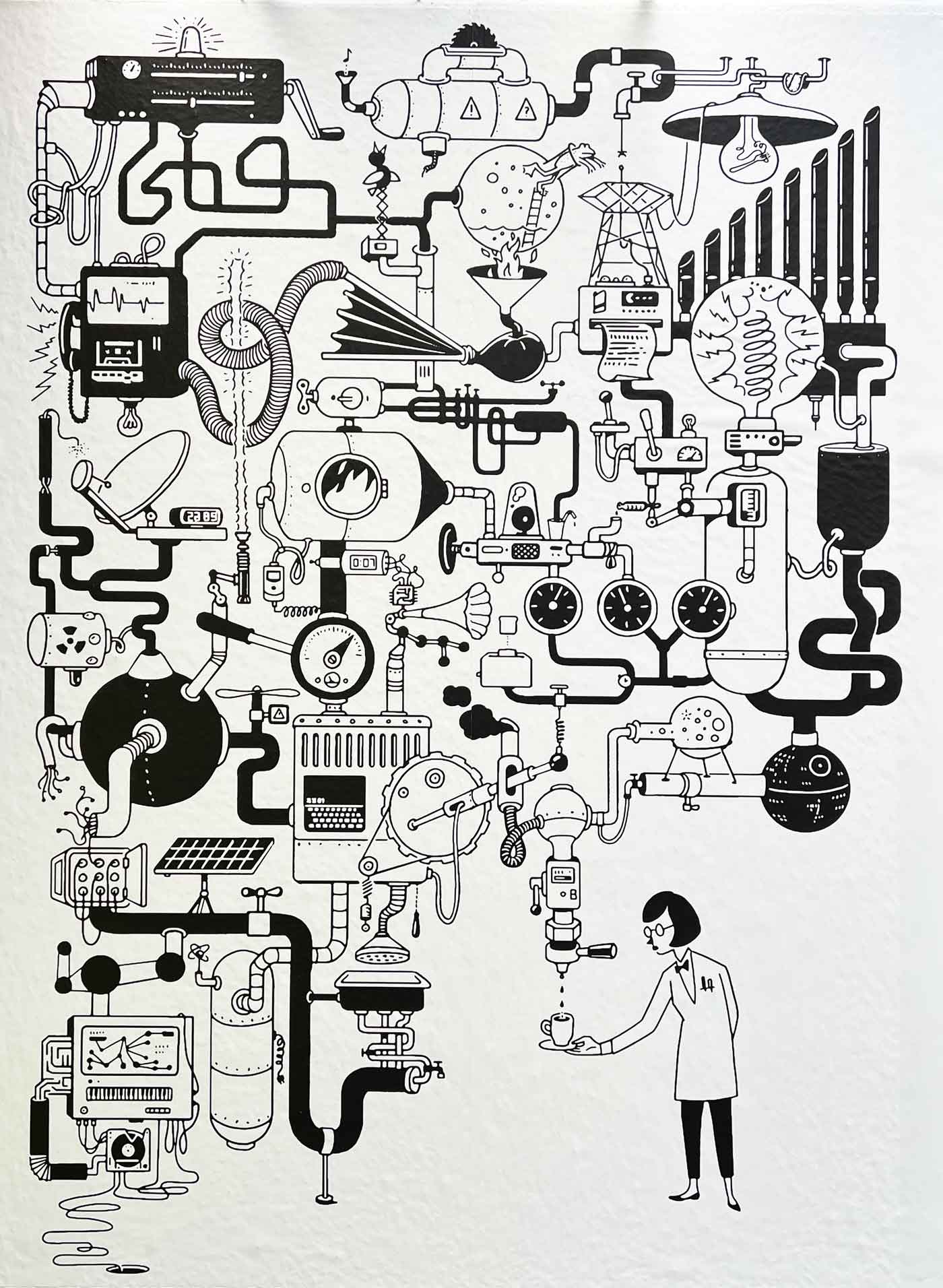 Schwarz-weiße Illustration einer komplexen Maschine zu Kaffee-Zubereiten