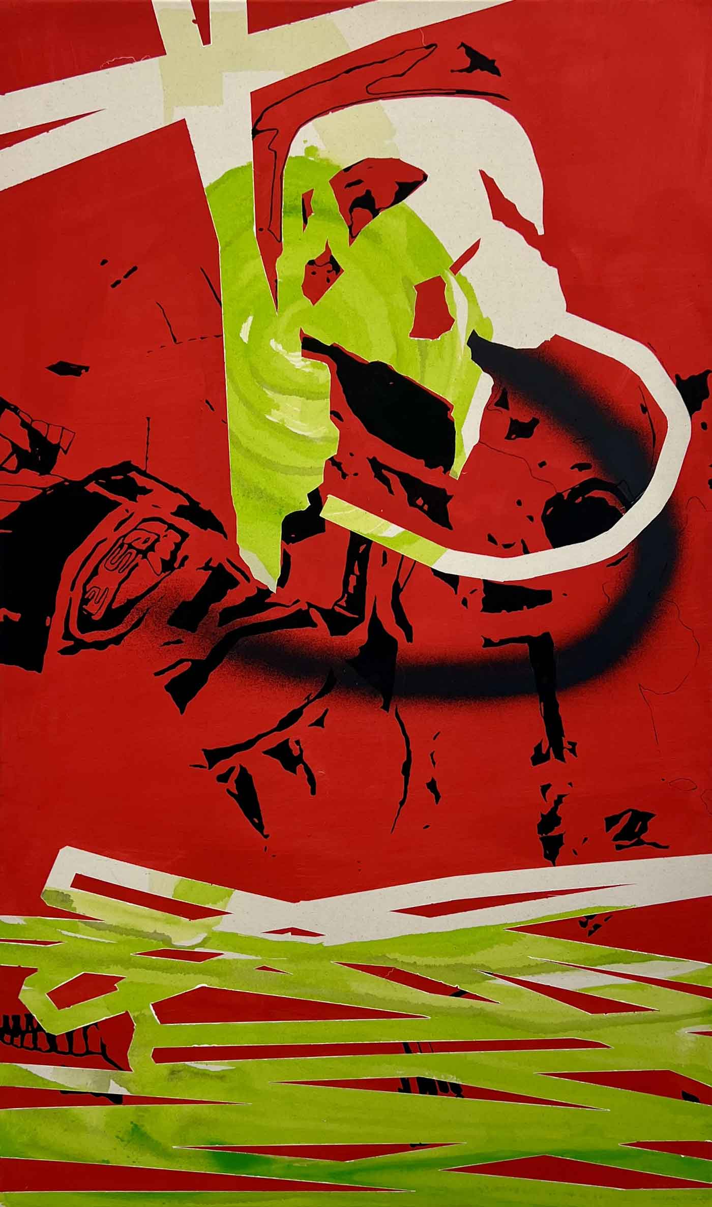 Acrylbild auf Baumwolle mit giftgrünen Formen auf rotem Hintergrund