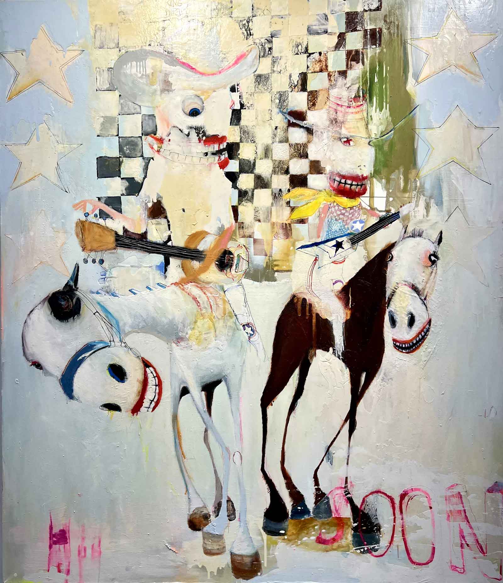 Kunstwerk mit zwei lachenden Pferden und zwei grinsenden Cowboys darauf
