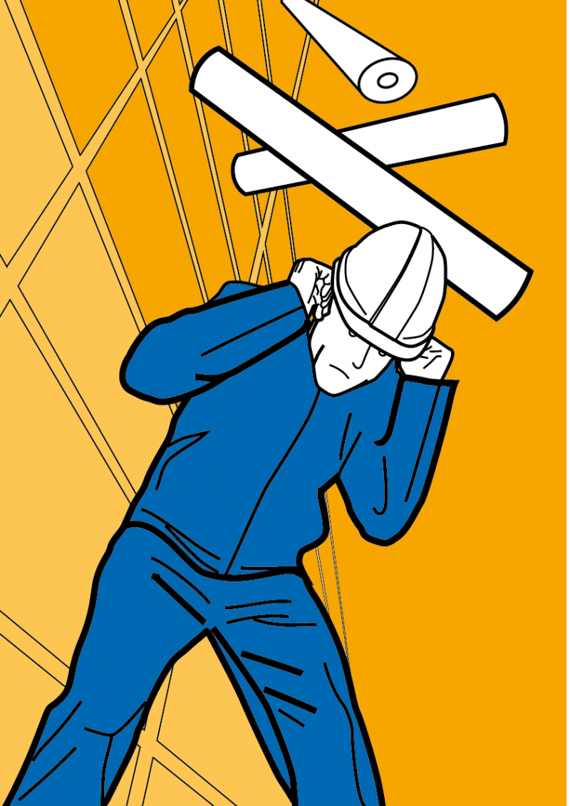 Illustration Arbeitssicherheit, Hochregal, abstürzende Rollen